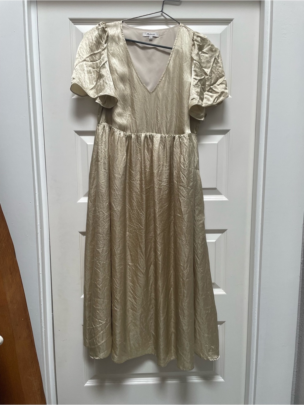 Madewell champagne Gold Satin Midi Dress with Puff Sleeves
